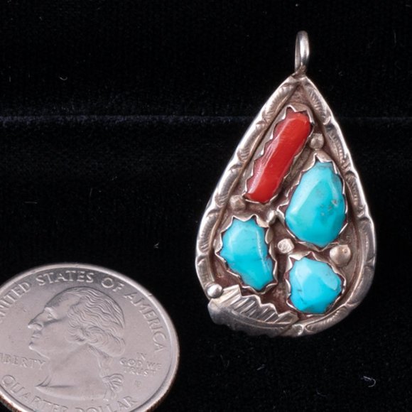 Vintage Zuni Sterling Pendant with Turquoise and Coral - Picture 2 of 3